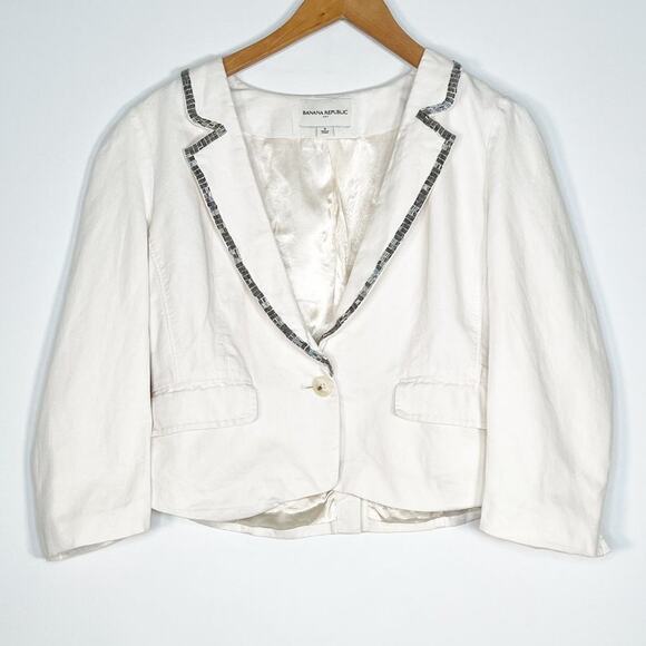 Banana Republic Off-white Linen Sequin Cropped Tuxedo Collar Jacket - Picture 1 of 10